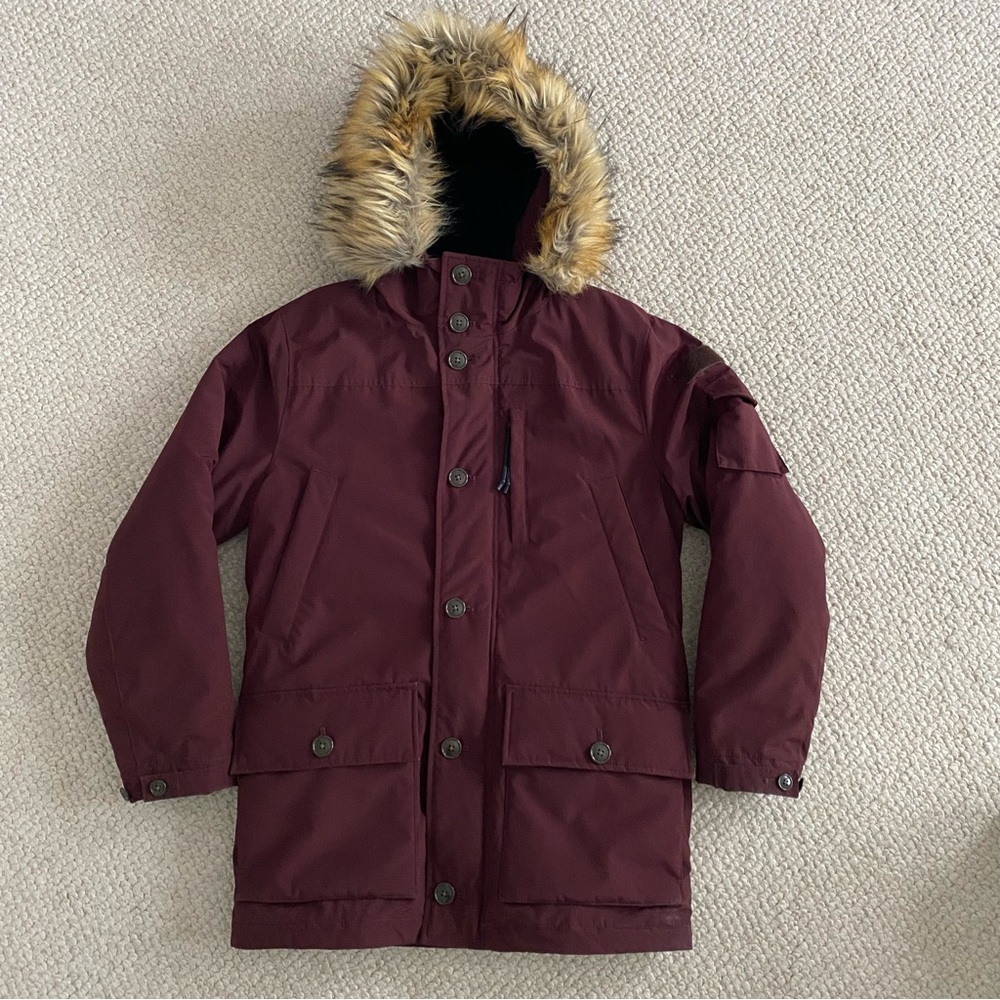 J. Crew Men's Maroon Burgundy Nordic Parka with Faux Fur Hood Size Small